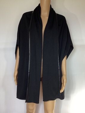 St. John Black Wool Blend Cape with Leather Trim M/L